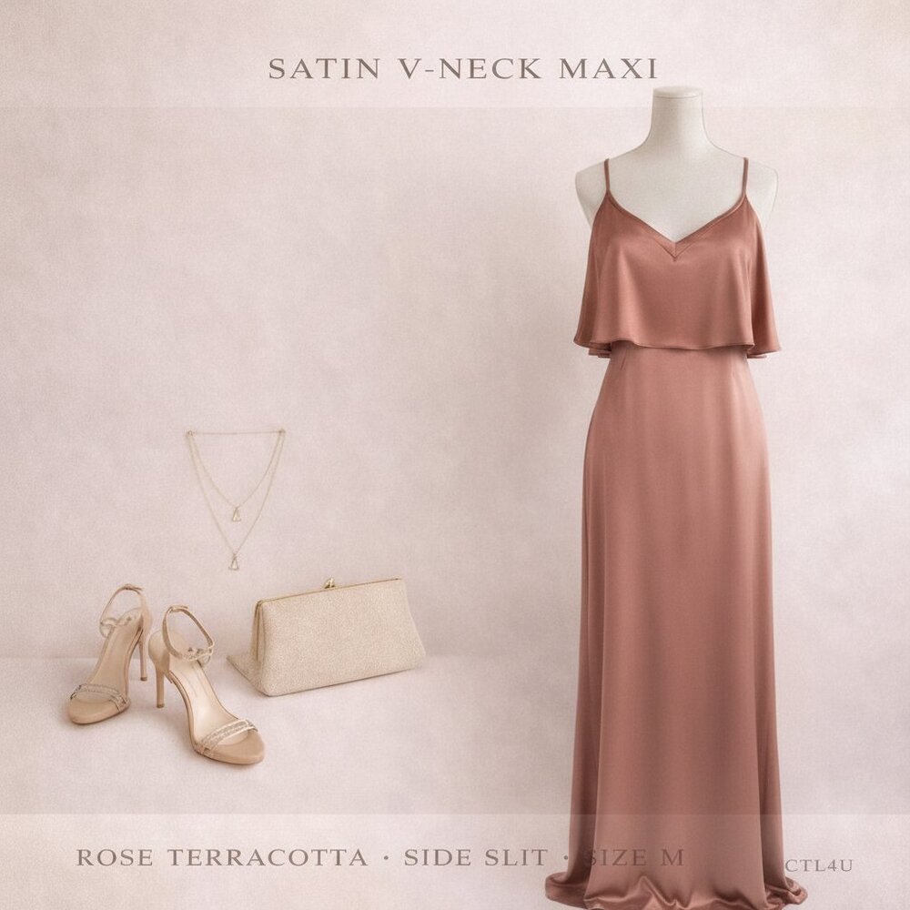 Satin V-Neck Maxi Dress Rose Terracotta Side Slits Size M